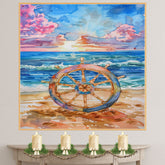 Watercolor Painting of a Nautical Ship Wheel on Beach with Ocean Waves and Sunset in Pink Blue and Golden Sky Background on Ready to Hang 1.5" Thick Canvas Wrap, Floating Framed Canvas, Flat Rolled Canvas